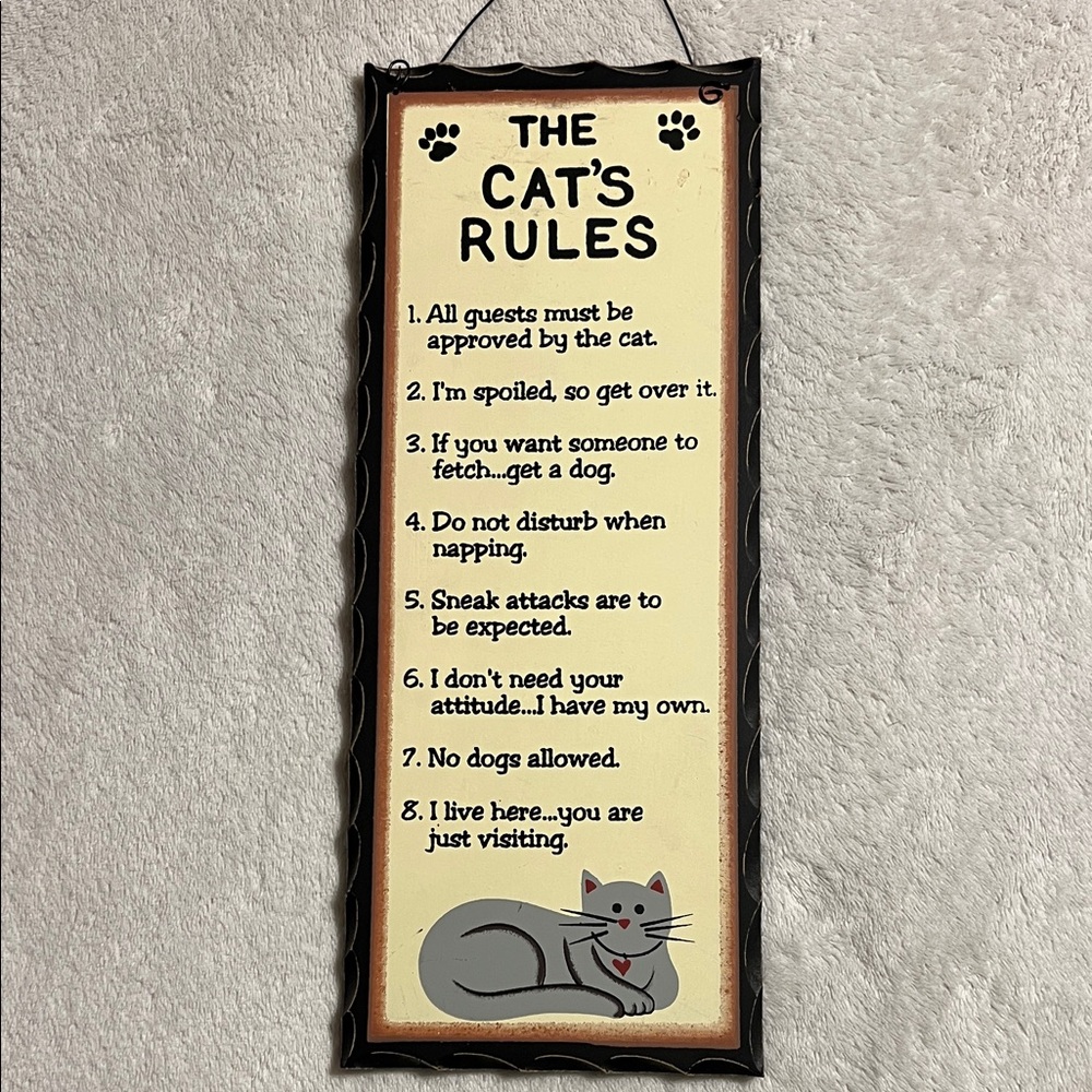 Humorous Cat's Rules Wall Sign - Black and Cream